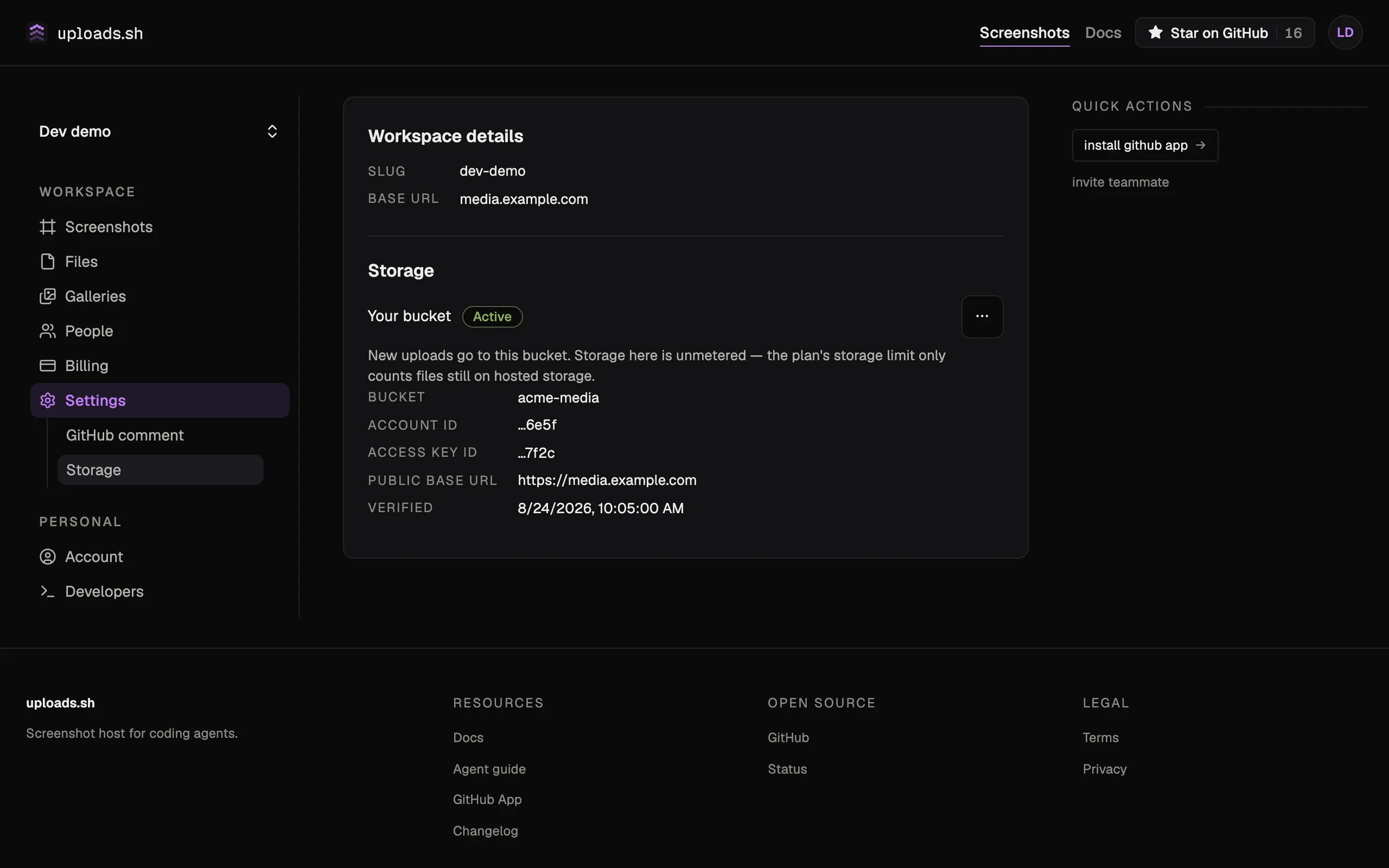 The workspace storage settings page with a connected bucket active, showing the bucket, masked credentials, public base URL, and the note that storage in your own bucket is unmetered