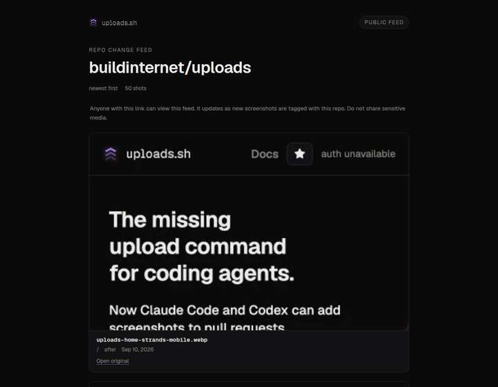 A public change feed showing newest-first screenshots for a GitHub repo