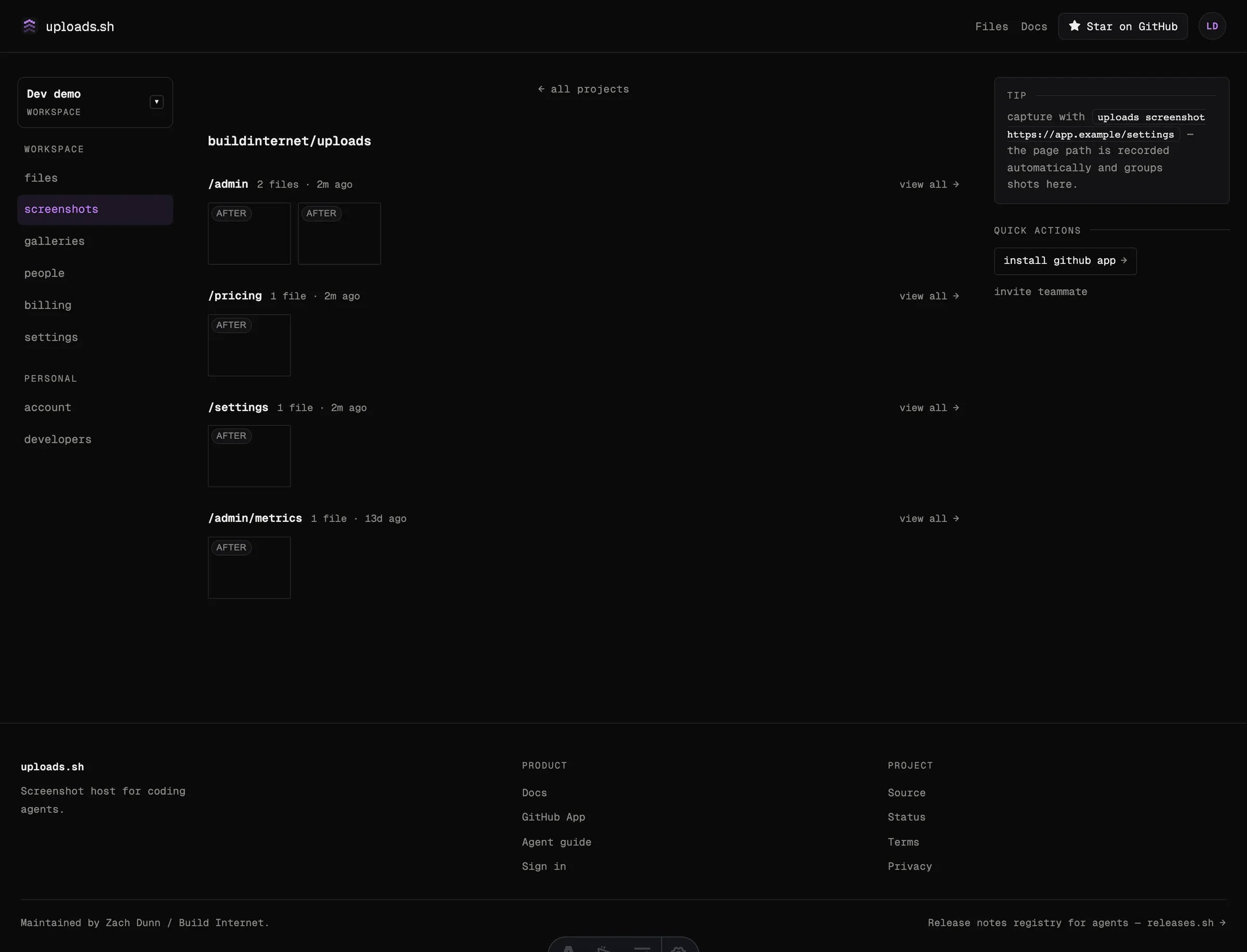 The Screenshots page grouping captures by project and page path
